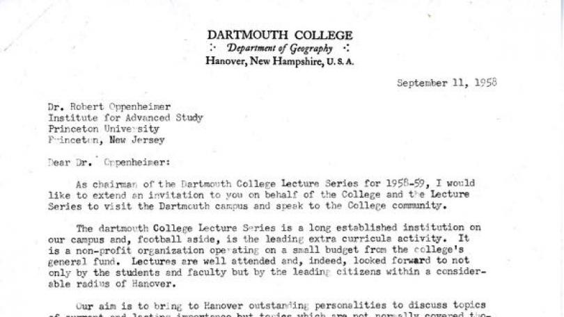 letter inviting J Robert Oppenheimer to lecture at Dartmouth College