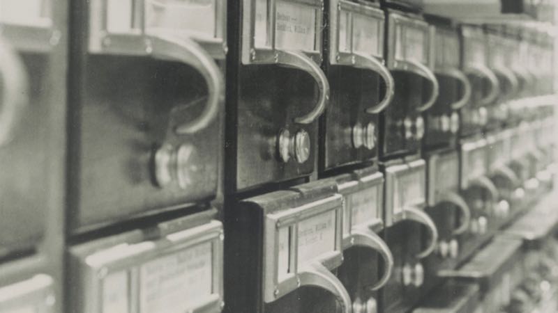 image of card catalog drawers in Baker Library