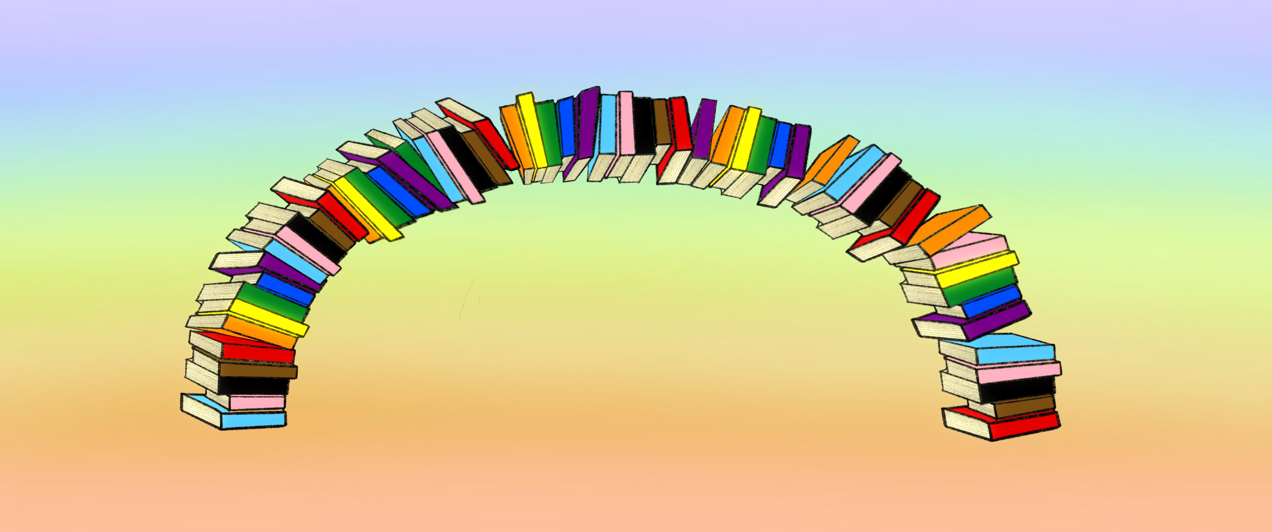 A drawing depicts an archway of books in the colors of the Progress Pride Flag. The background is a classic rainbow gradient pattern.