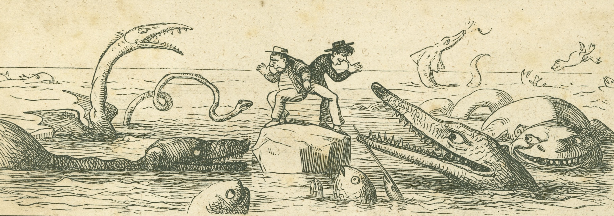 Two men in the ocean surrounded by strange sea creatures.