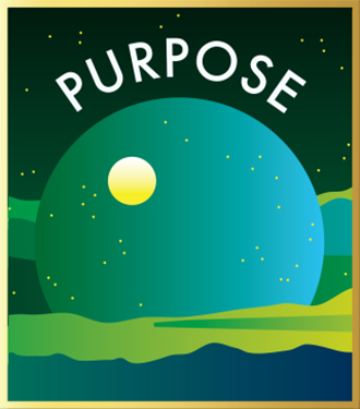Otherworldy illustration of mountain range and rising planet with purpose written overtop