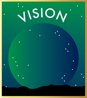Otherworldy illustration of mountain range and rising planet with vision written overtop