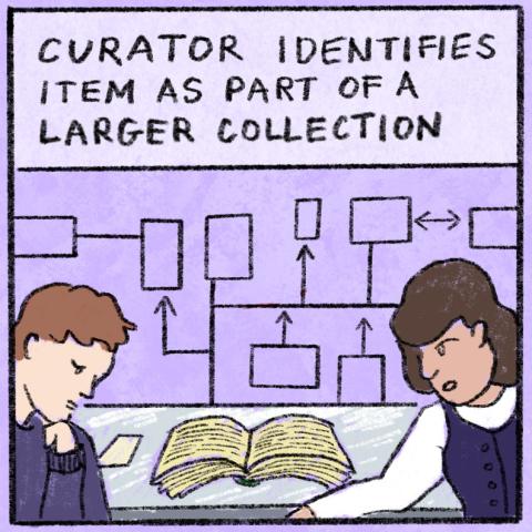 purple background with flow diagram as backdrop and people at desk with book