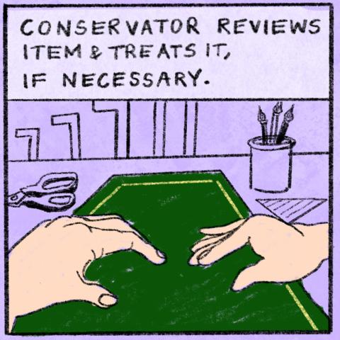 purple background with hands on green desktop with scissors and pens in backgorund