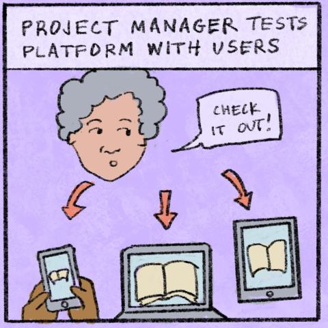 purple background with head of person above different devices (phone, tablet, laptop), text bubble reads 'Check it out!'