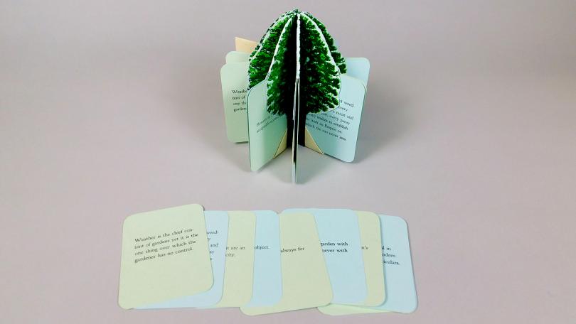 book with printed tree spine and removable blue and green printed pages