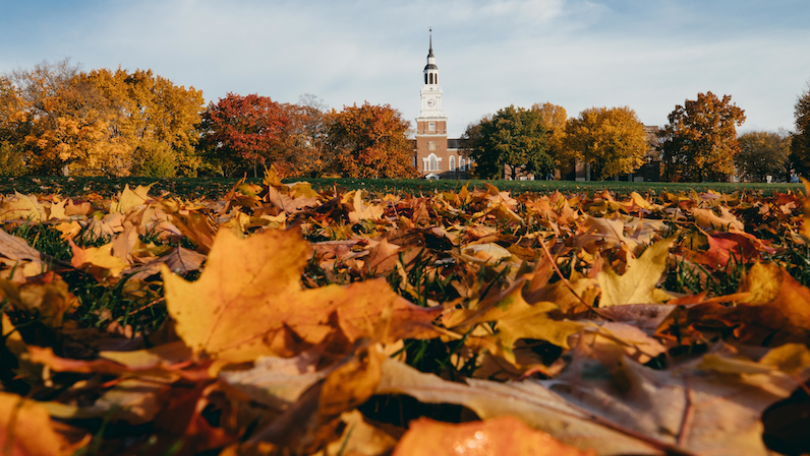 fall leaves in front of Baker Library