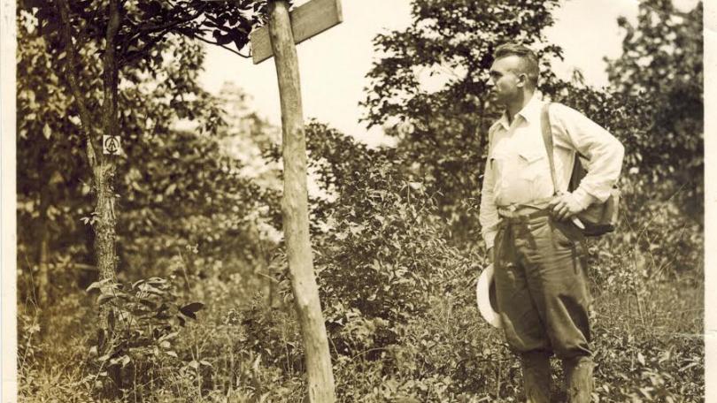 Trail architect and future ATC chairman Myron Avery stands on the Appalachian Trail near the original southern terminus on Mt. Oglethorpe, Georgia (photo ATC)