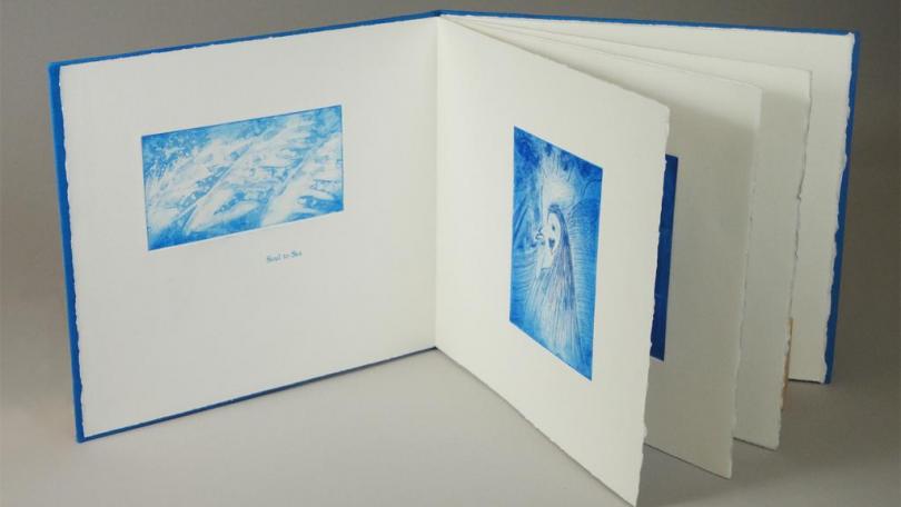 A small artist book centered on the sea, with copper etchings paired w/ brief snippets of poems about the sea.