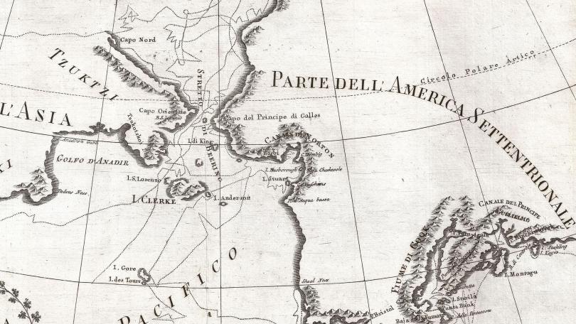 An extraordinarily fine example of Cassini's 1798 map of Alaska, the Bering Strait, and Siberia. Le Coste Nord Ovest Dell' America e Nord Est Dell' Asia Delineate sulle ultime Osservazioni del Cp. Cook.