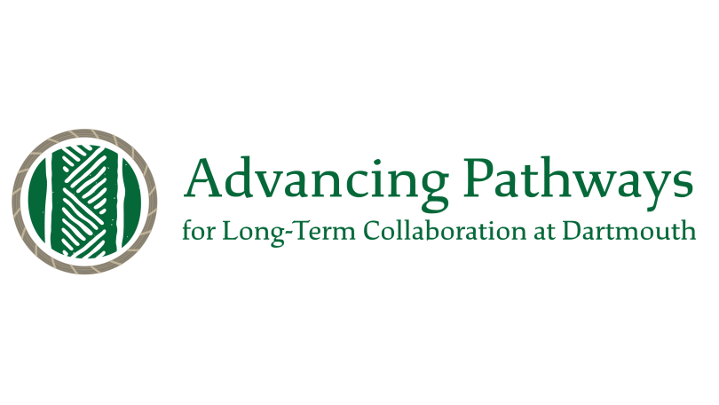 logo of basketweave patterns in brown and green with text reading: Advancing Pathways for Long-Term Collaboration at Dartmouth