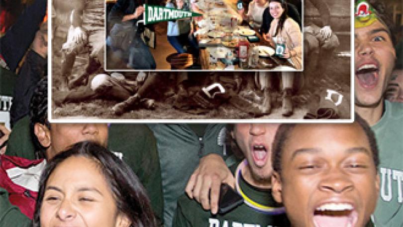 Students laughing and wearing Dartmouth gear, other photos of students from years past
