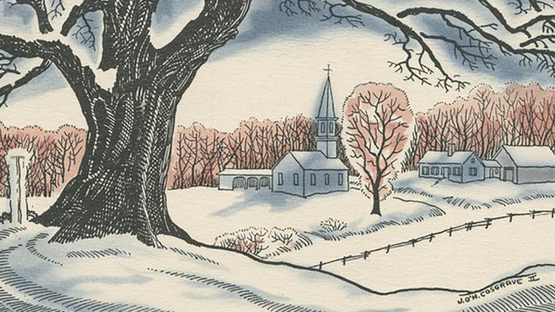 Drawing of a tree and church