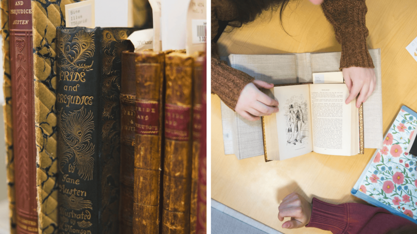 two photos, on left: a row of Jane Austen books; on right: students look a Jane Austen book