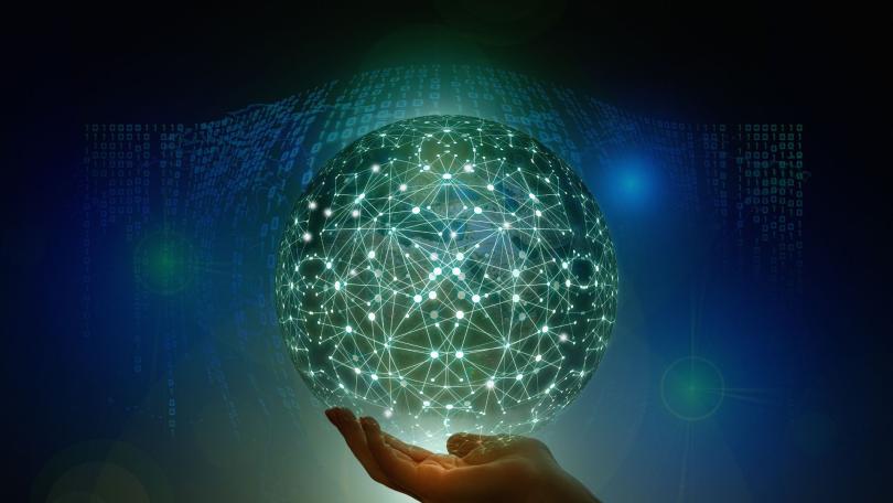 an abstract image of a hand with a network of data points and binary code behind it