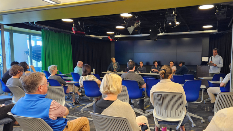 photo from the event Bias in Algorithms with librarian Matt Benzing emceeing the event