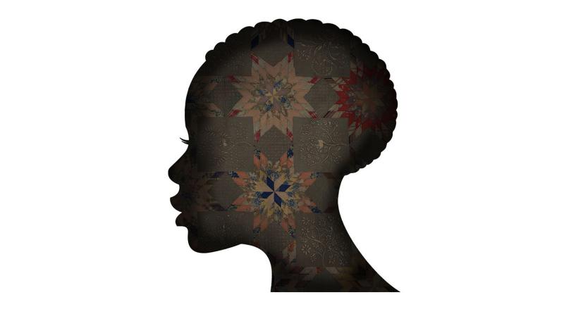 silhouette of woman with geometric quilt pattern inset