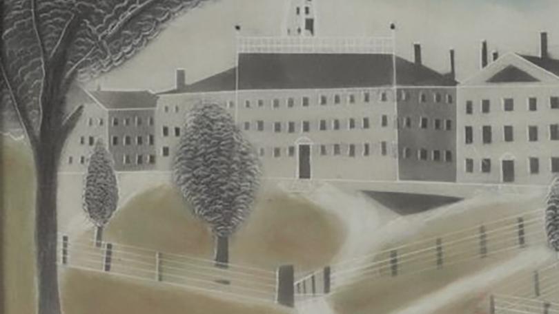 color illustration of an early view of Dartmouth College. Trees in foreground and white buildings on hill in background