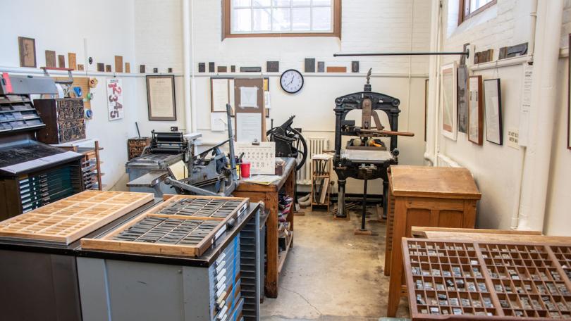 view of Letterpress Studio's type cabinets and presses