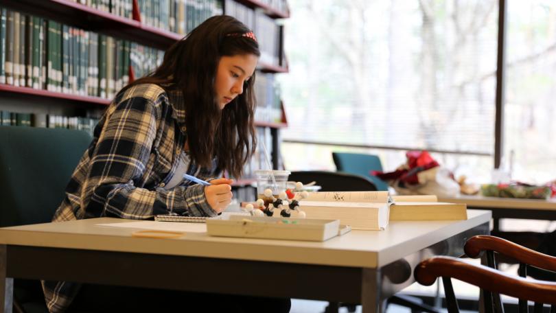A student uses a molecular model kit in Kresge Library at Dartmouth