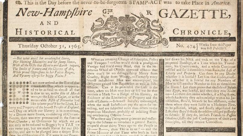 front page of the New Hampshire Gazette following the announcement of the Stamp Act in 1765