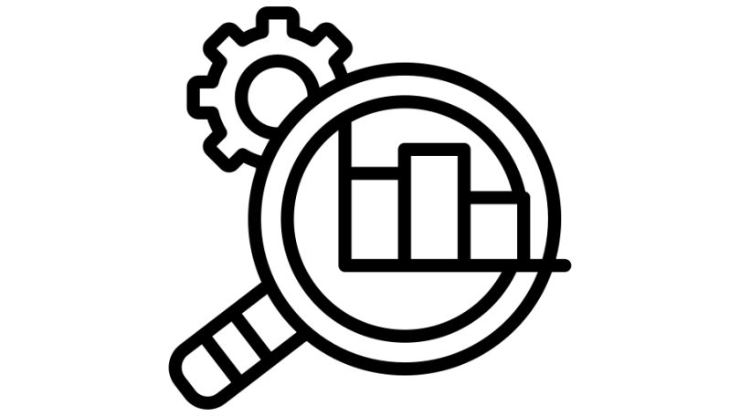 line drawing of a magnifying glass analyzing a bar chart and a gear