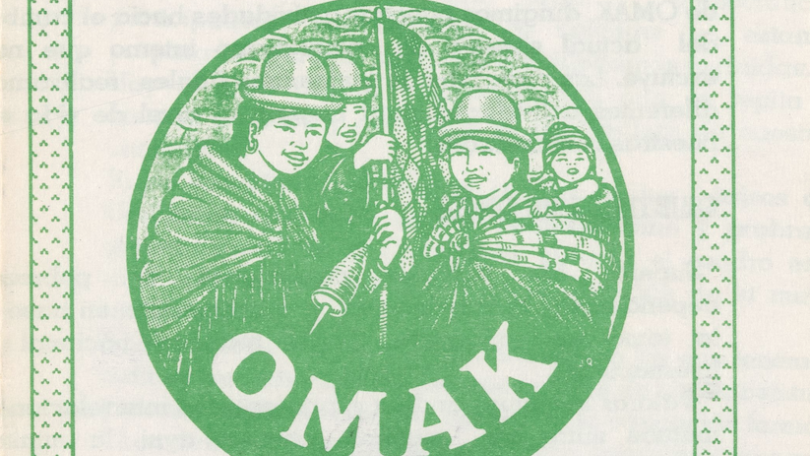green print image of three women and a baby with letters OMAK on it