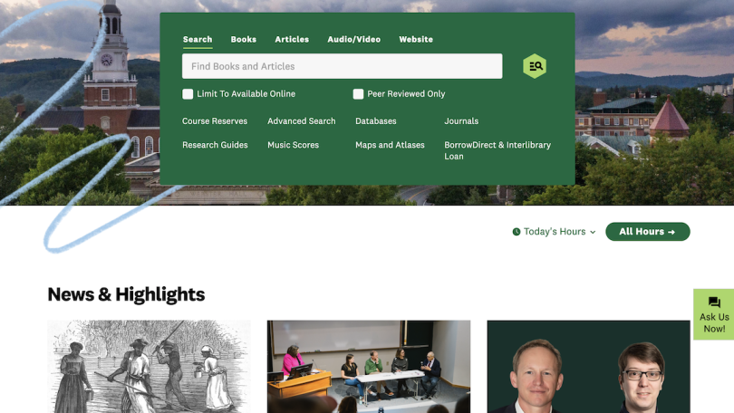 Screenshot of the new library homepage