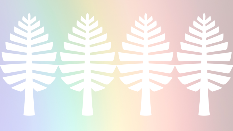 four lone pines over a rainbow background