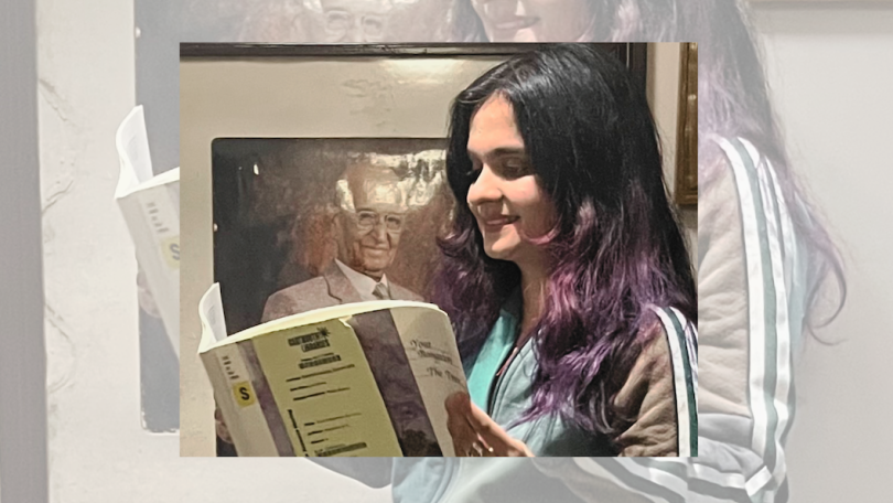 Sreevalli Sreenivasan, Th’17 and current Thayer PhD candidate holds her grandfather's book, sourced by interlibrary loan