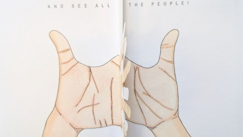 Illustration of entwined hands from Stephanie Wolff’s Ten Fingers Play captioned And See All The People