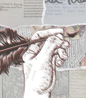 hand with quill overlaying mashup of pieces from different books