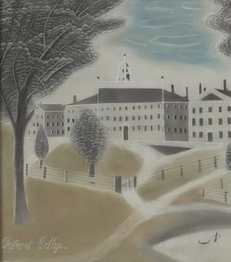 color illustration of an early view of Dartmouth College. Trees in foreground and white buildings on hill in background