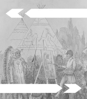 depicts white man painting Indigenous man with stereotypical details