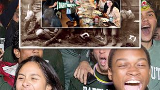 Students laughing and wearing Dartmouth gear, other photos of students from years past