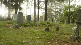 Gravestones in green grass on Dartmouth College campus