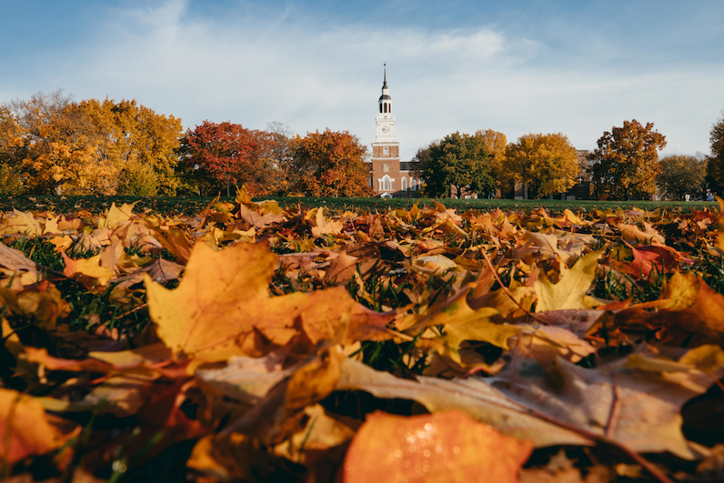 fall leaves in front of Baker Library