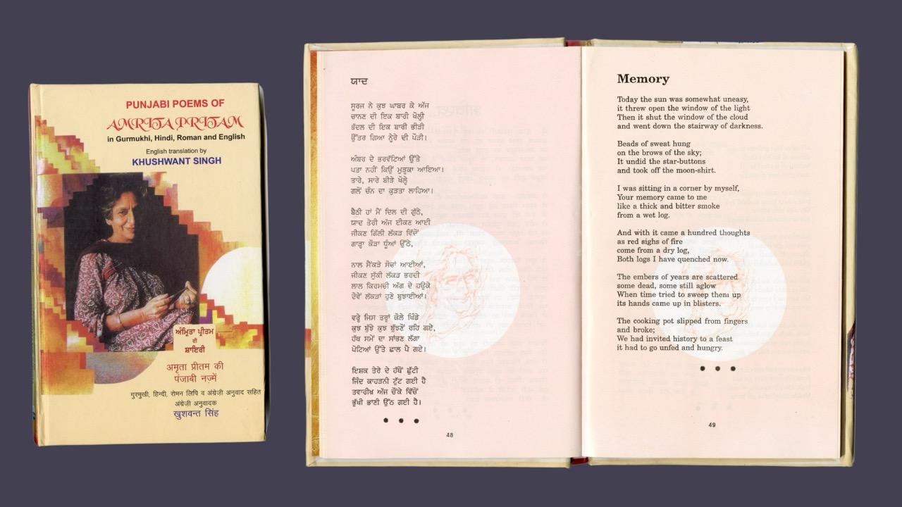 book cover and page samples from Punjabi Poems of Amrita Pritam in Gurmukhi, Hindi, Roman and English