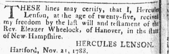 Hercules Lenson, advertisement in Connecticut Courant, 1788