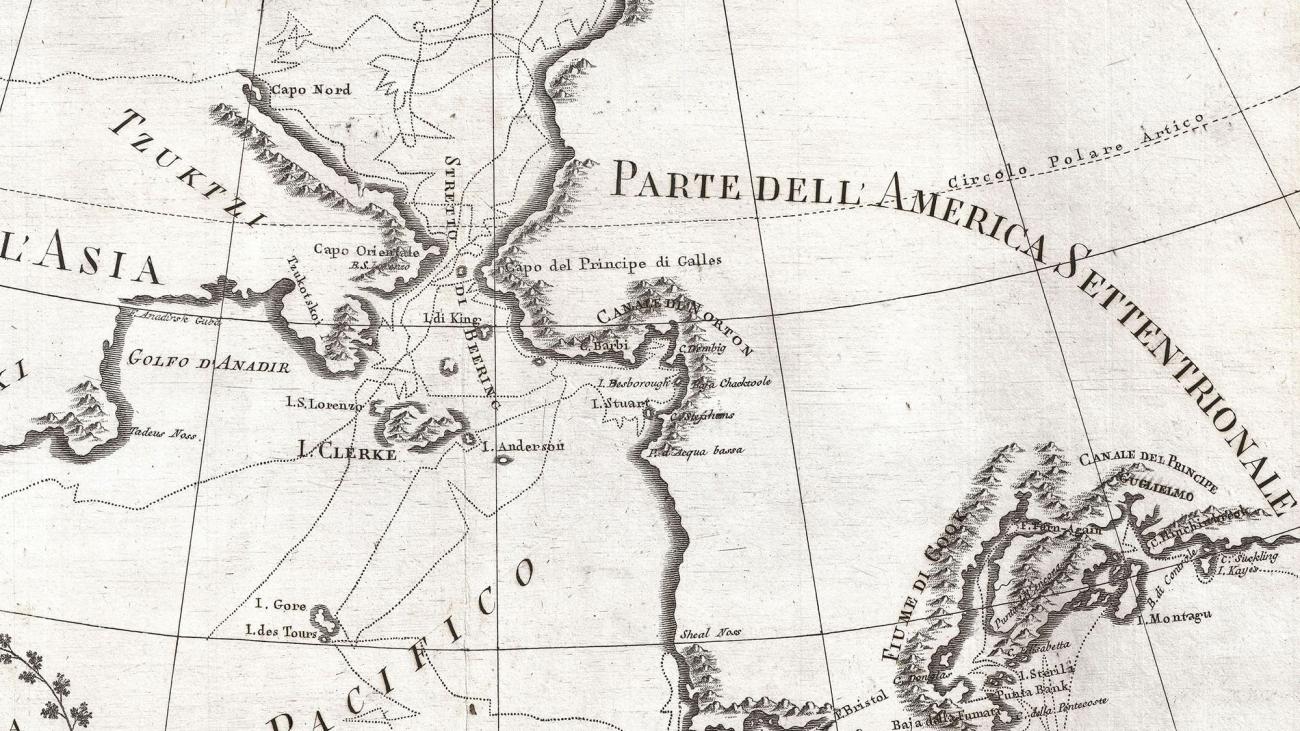 An extraordinarily fine example of Cassini's 1798 map of Alaska, the Bering Strait, and Siberia. Le Coste Nord Ovest Dell' America e Nord Est Dell' Asia Delineate sulle ultime Osservazioni del Cp. Cook.