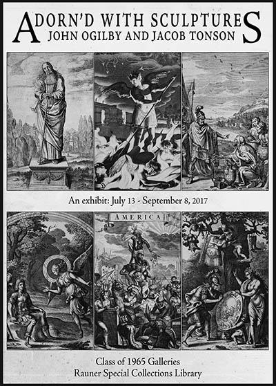 Poster for the exhibit “Adorn’d with Sculptures: John Ogilby and Jacob Tonson,” showing six black‑and‑white classical engravings in two rows.