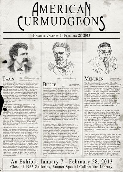 This vintage style poster features illustrated portraits of three American authors—Mark Twain, Ambrose Bierce, and H.L. Mencken—along with brief biographical text beneath each portrait