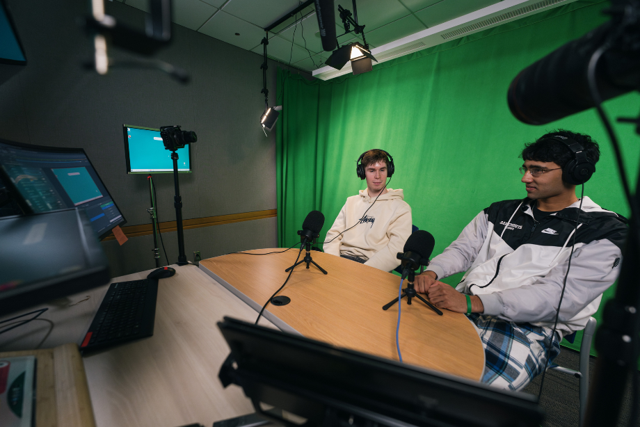 two students use the Audio Visual Studio in the Jones Media Center