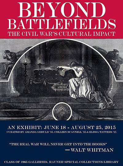 Poster for “Beyond Battlefields: The Civil War’s Cultural Impact,” with a red header and a black‑and‑white engraving of a mourning figure before a pedestal labeled “Lincoln,” framed by an arch.