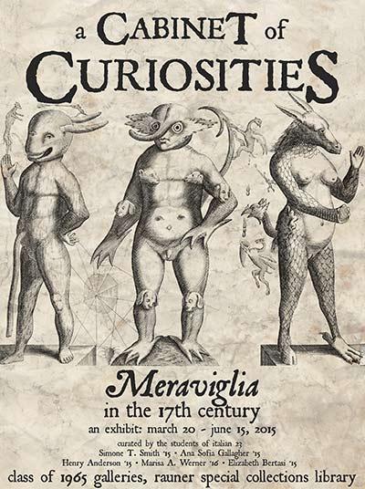 Poster for “A Cabinet of Curiosities: Meraviglia in the 17th Century,” featuring three human–animal hybrid figures.