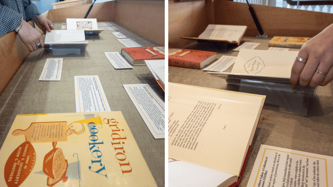 two photos provide different angles of the cookbook history display case