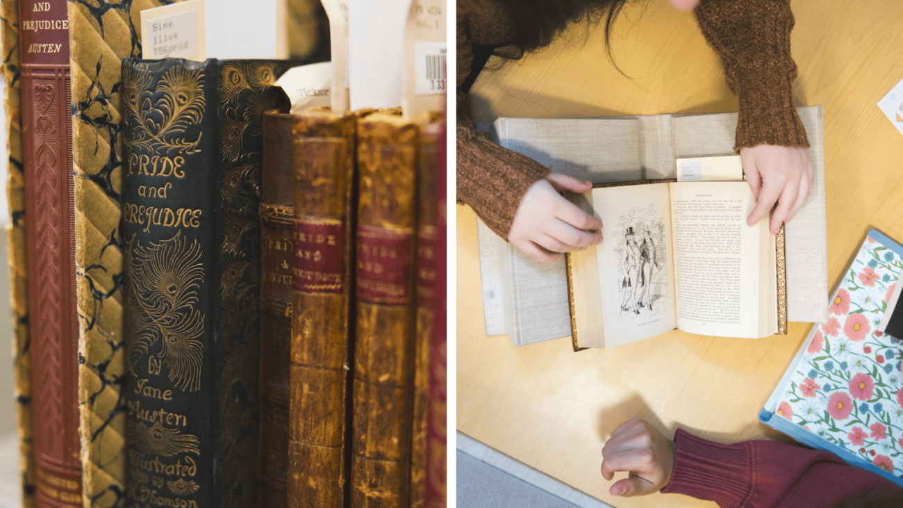 two photos, on left: a row of Jane Austen books; on right: students look a Jane Austen book