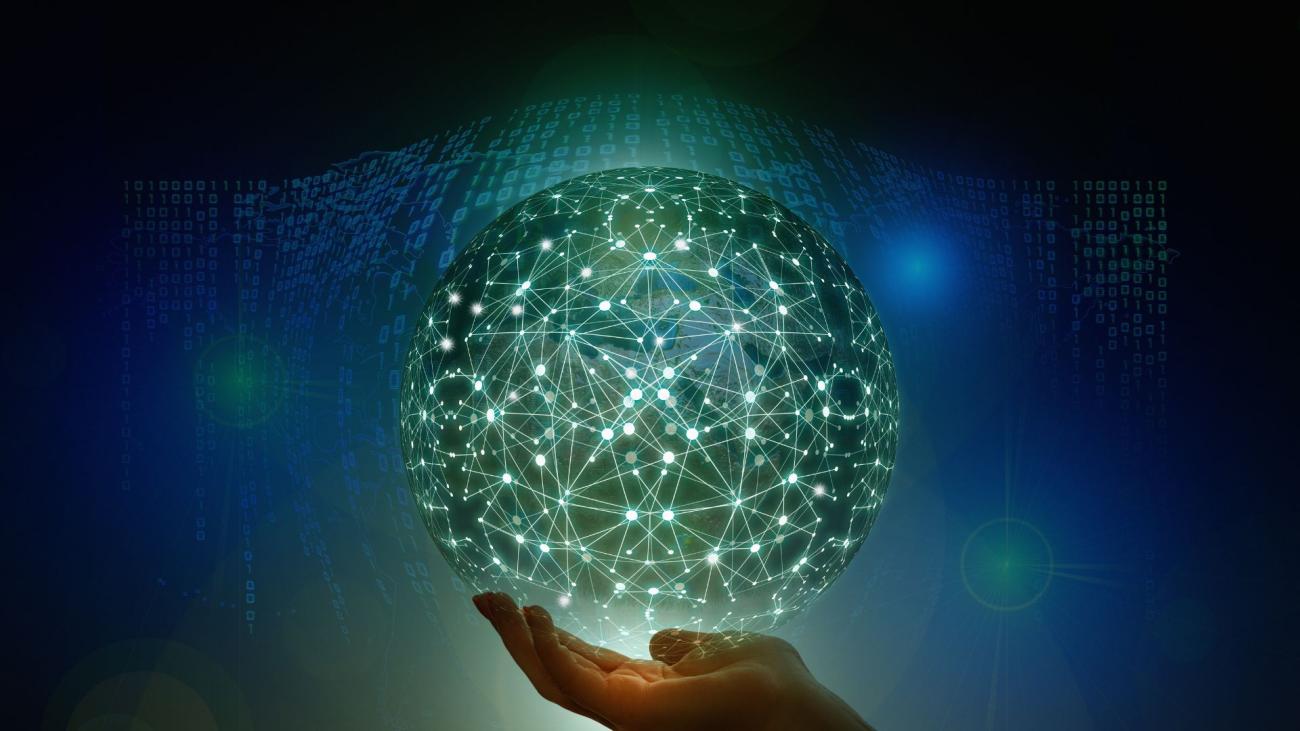 an abstract image of a hand with a network of data points and binary code behind it