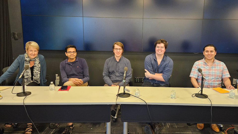 Pictured from left: Susan Brison, the Eunice and Julian Cohen Professor for the Study of Ethics and Human Values, Department of Computer Science faculty member Deeparnab Chakrabarty, Simon Stone, a Dartmouth Library Research Data Science Specialist, Engineering graduate student, Chase Yakaboski, and Luis Alvarez Leon, Assistant Professor in the Department of Geography
