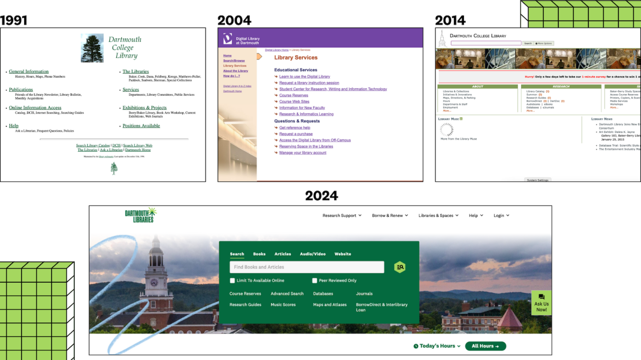 screen shots from the wayback machine depicting the Dartmouth Libraries website from 1991 until today